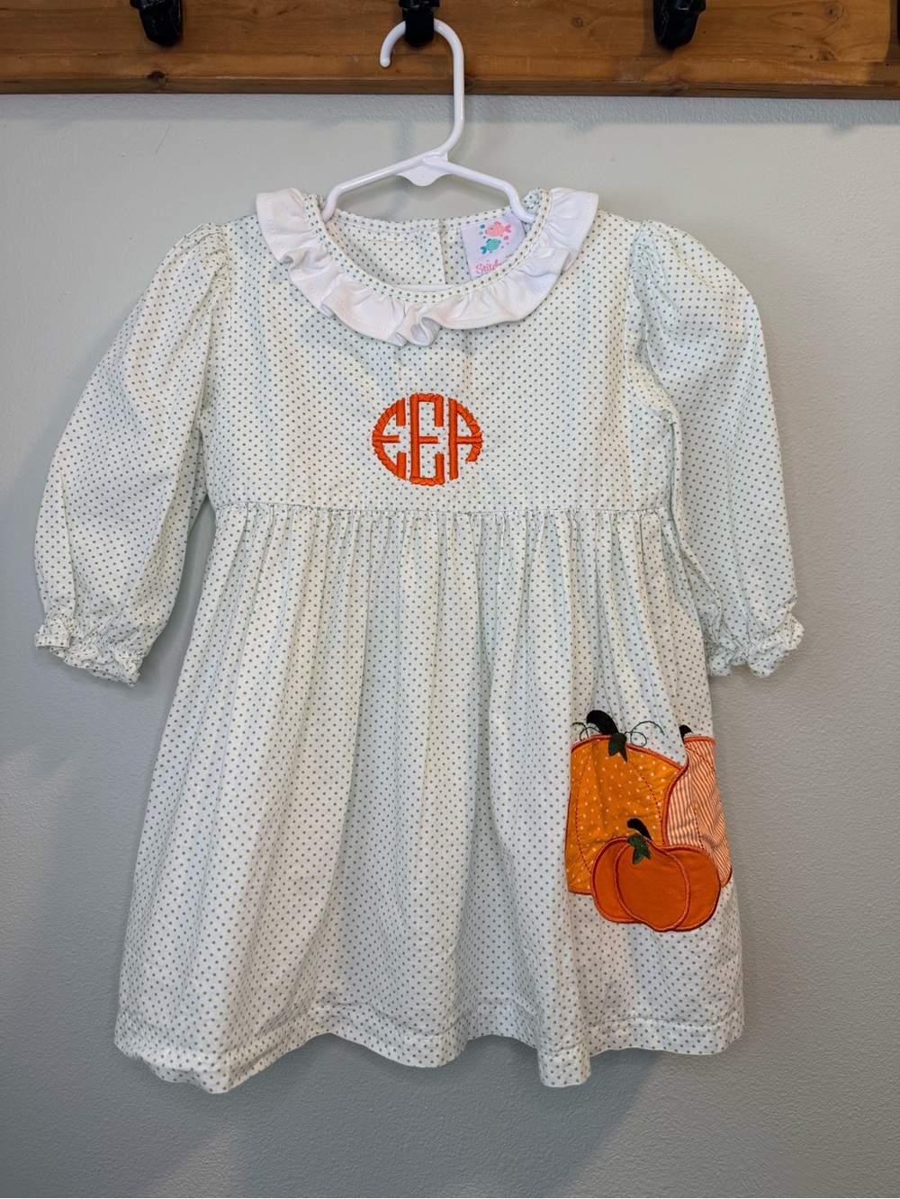 Stitchy Fish Monogrammed White Polka Dot Pumpkin Dress - Kids 2T